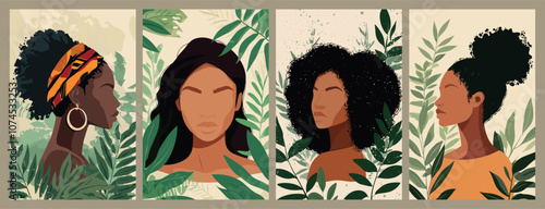 Beautiful black women faceless portrait posters set. African headband variouse hairstyles big earrings. Nature color background with green foliage print. Modern contemporary flat minimalistic vector