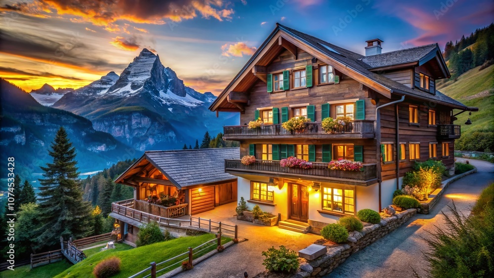 Serene Swiss Chalet at Dusk: A Cozy Retreat with Large Windows and Balconies Surrounded by Majestic Mountains and Glowing Lights in a Captivating Low Light Atmosphere Serene Swiss Chalet at Dusk: A Cozy Retreat with Large Windows and Balconies Surrounded by Majestic Mountains and Glowing Lights in a Captivating Low Light Atmosphere