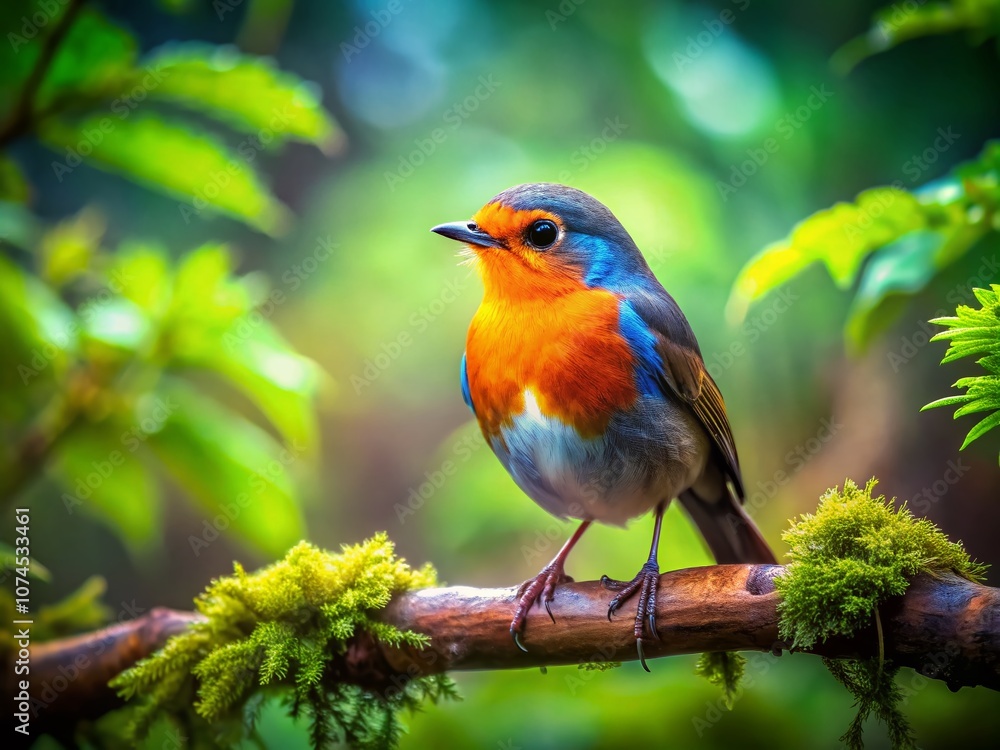 Serene Tilt-Shift Photography of a Colorful Bird Perched on a Tree Branch Amidst a Lush Green Forest, Capturing Nature's Beauty in Miniature Style Serene Tilt-Shift Photography of a Colorful Bird Perched on a Tree Branch Amidst a Lush Green Forest, Capturing Nature's Beauty in Miniature Style