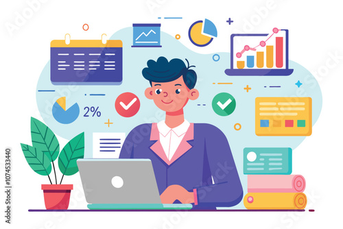 A manager works at a laptop, planning tasks and monitoring progress with charts and data in a bright office Manager plans and monitors, flat illustration.
