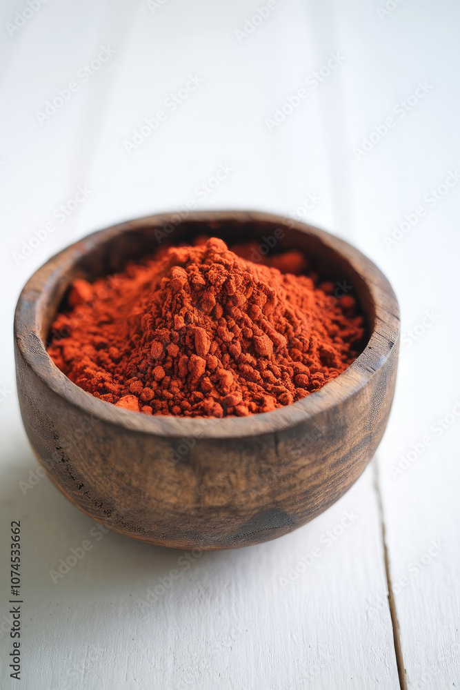 Close-up of a rustic wooden bowl containing finely ground paprika on a soft white cloth Close-up of a rustic wooden bowl containing finely ground paprika on a soft white cloth