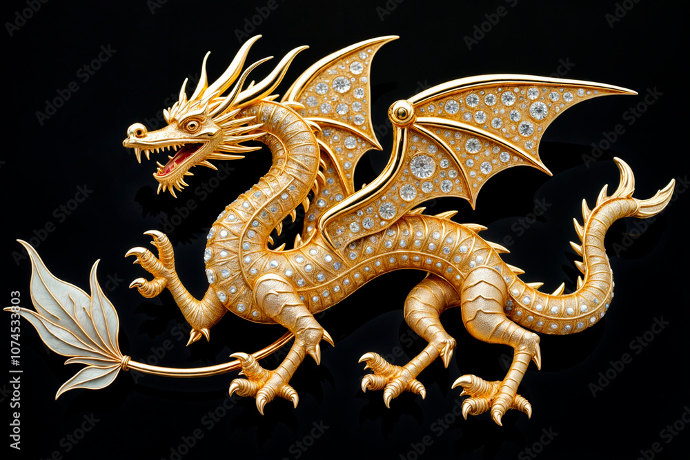 Fototapeta premium A golden dragon on a black background. Precious brooch