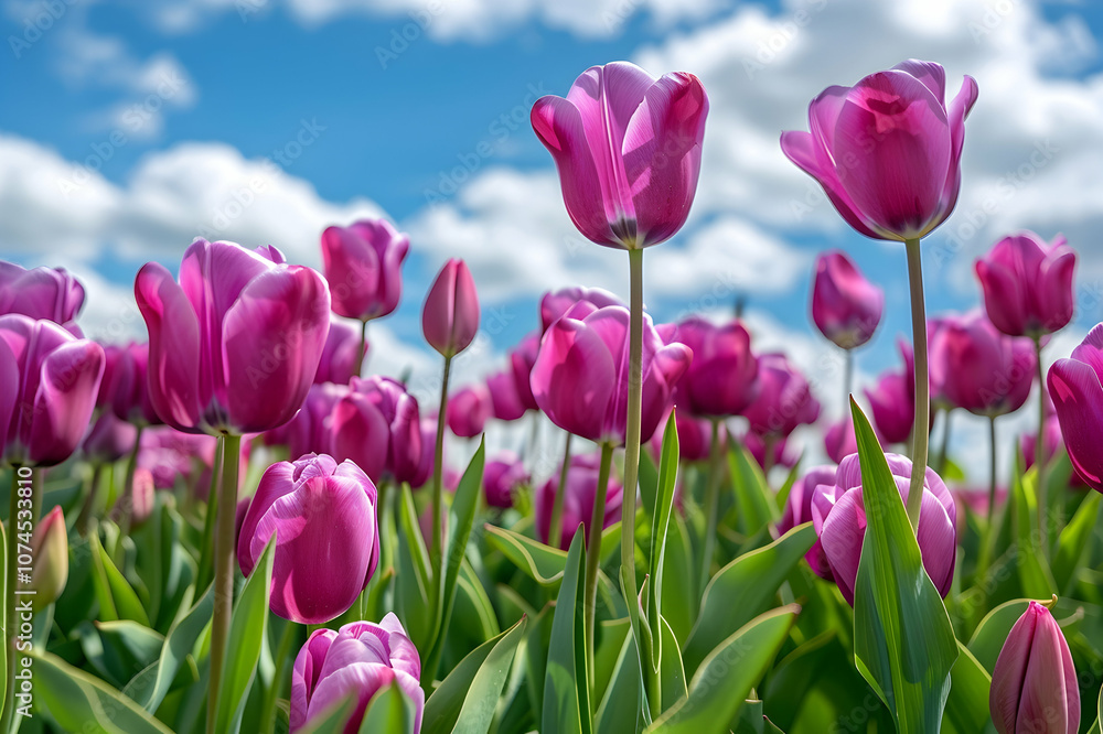 selective focus of colorful purple tulips in field with blue sky and clouds selective focus of colorful purple tulips in field with blue sky and clouds