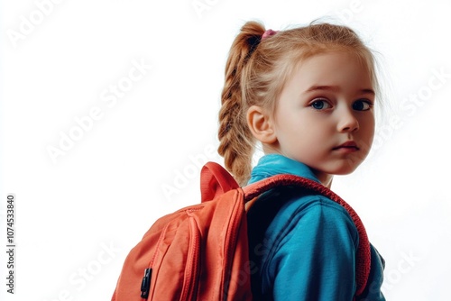 A young girl wearing a backpack and ready for an adventure
