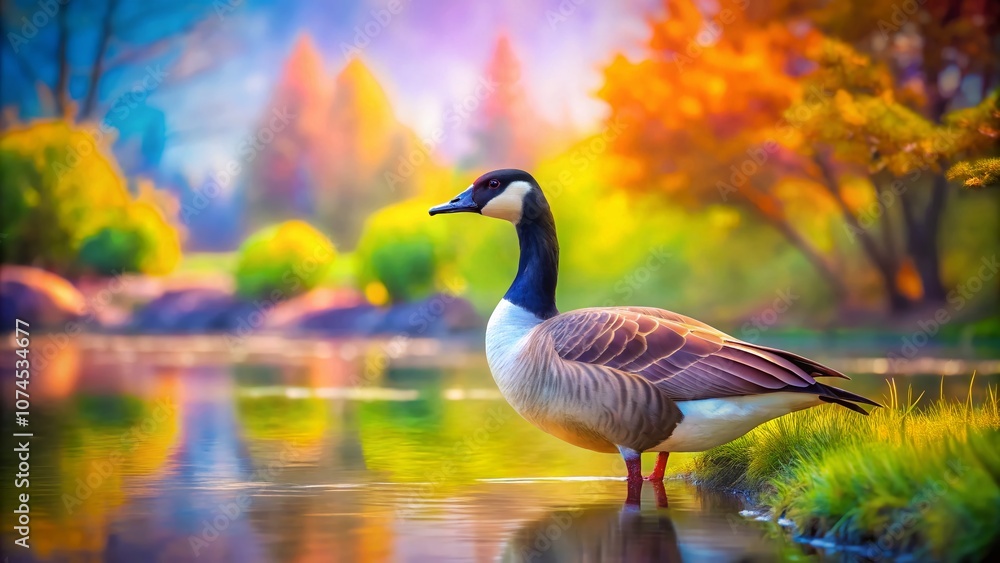 Fototapeta premium Serene Watercolor Painting of a Goose in Tilt-Shift Style, Capturing Nature's Beauty with Dreamy Soft Focus and Vivid Colors, Perfect for Art Lovers and Wildlife Enthusiasts