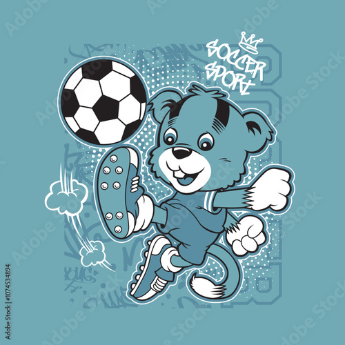 cute cat doll playing football. Vector cartoon illustration