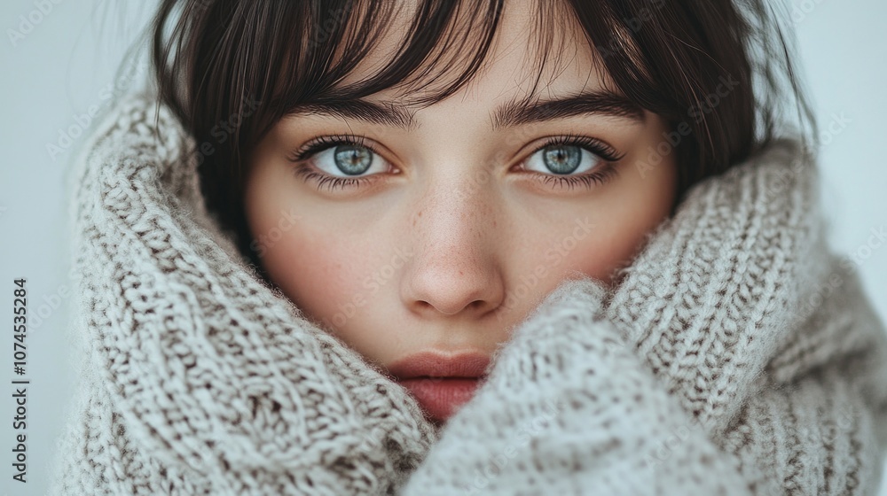 A close-up view of a person's torso and head, dressed in a cozy sweater A close-up view of a person's torso and head, dressed in a cozy sweater