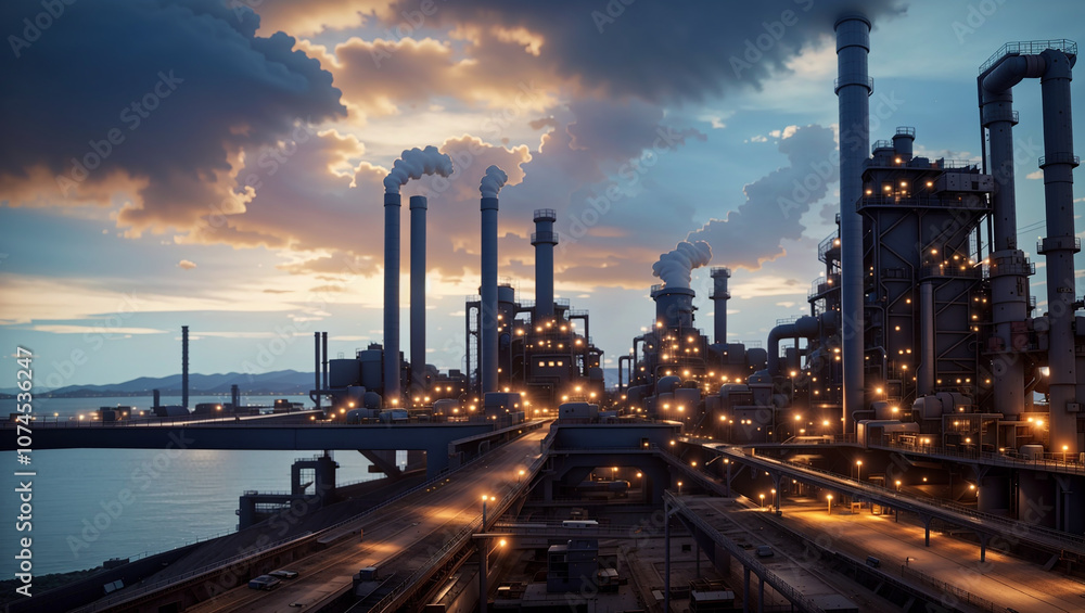 Fototapeta premium A large industrial complex at dusk, with many tall structures