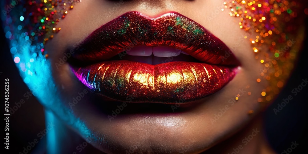 Obraz premium Shimmering Close-Up of Glossy Lips in Natural Light, Capturing the Beauty of Silhouette Photography with a Focus on Texture and Reflection for Stunning Visual Appeal