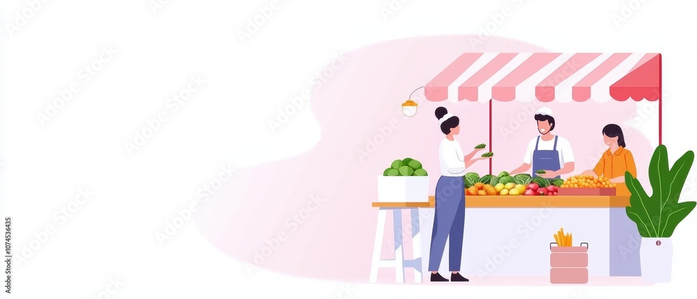 A vibrant market scene featuring a vendor selling fresh produce to customers, set against a pastel background with a striped awning. A vibrant market scene featuring a vendor selling fresh produce to customers, set against a pastel background with a striped awning.