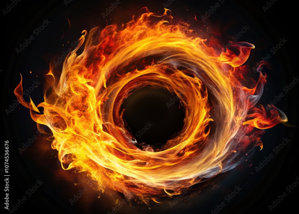 Fototapeta premium Energetic Swirl of Flames Creating a Circular Design on a Black Background with Vibrant Colors and Intricate Patterns for Visual Impact in Creative Projects