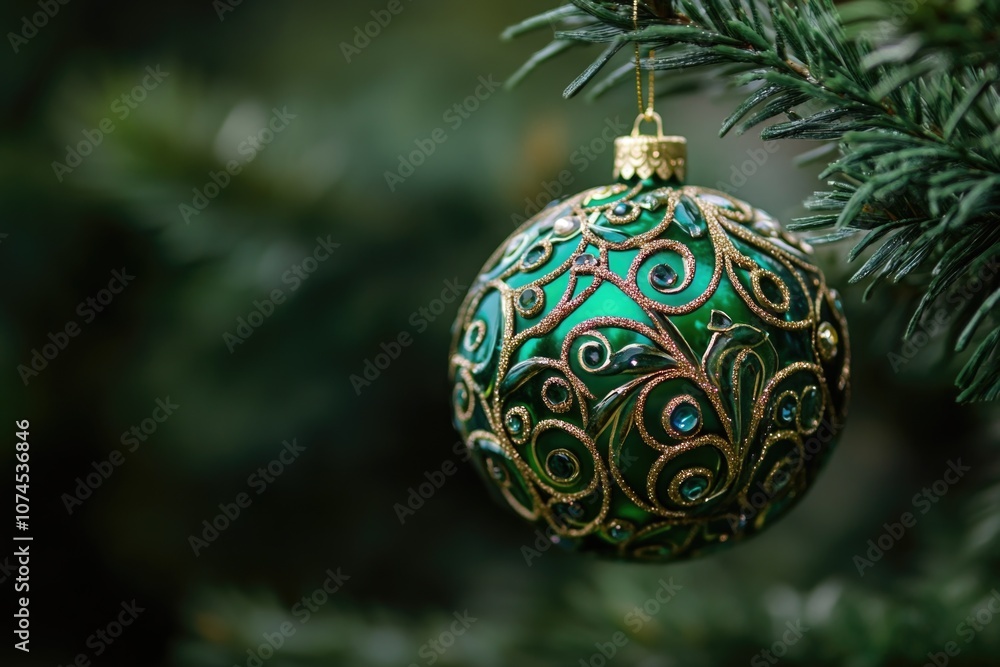 A green ornament hangs from a Christmas tree branch A green ornament hangs from a Christmas tree branch