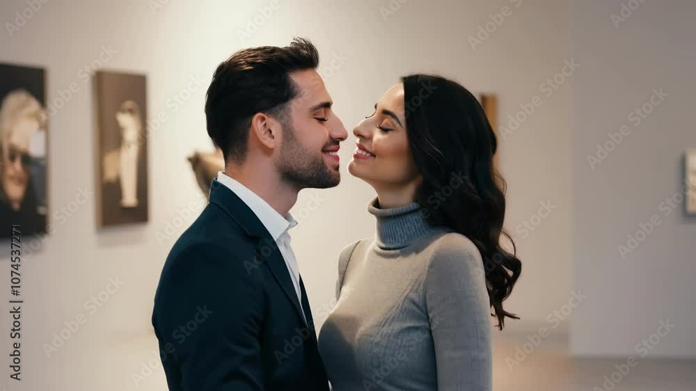 Romantic couple sharing tender moments in an art gallery setting Romantic couple sharing tender moments in an art gallery setting