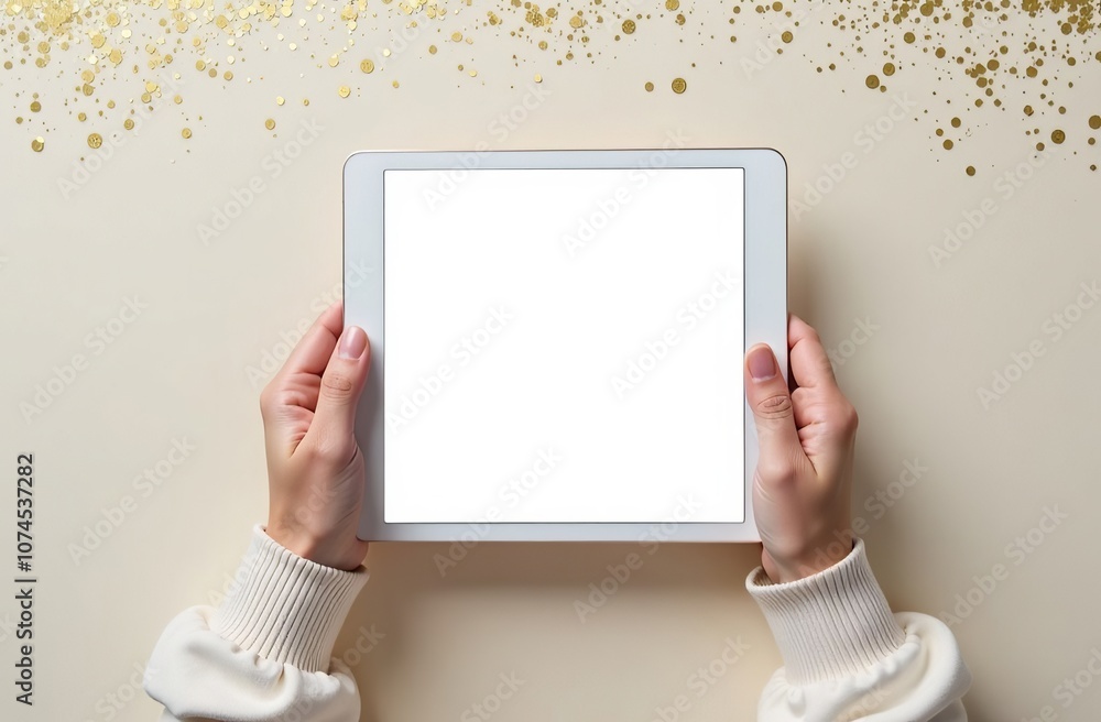 Man's hands holding gadget (smartphone, tablet) with white screen on Christmas background Man's hands holding gadget (smartphone, tablet) with white screen on Christmas background