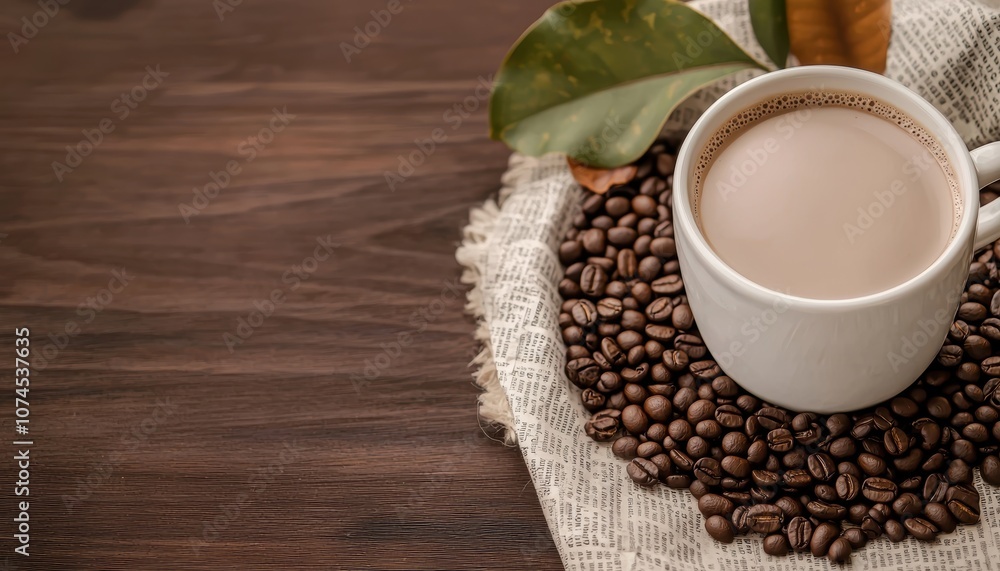 A cozy cup of coffee rests on a bed of coffee beans with leaves, set against a rustic wooden background. A cozy cup of coffee rests on a bed of coffee beans with leaves, set against a rustic wooden background.