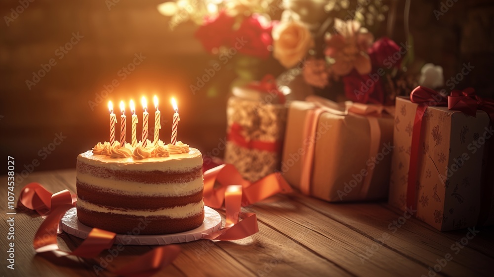 A cozy birthday background featuring a warm wooden table with a close-up of a cake topped with glowing candles, surrounded by ribbons, presents, and a floral arrangement in the background. A cozy birthday background featuring a warm wooden table with a close-up of a cake topped with glowing candles, surrounded by ribbons, presents, and a floral arrangement in the background.