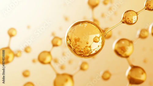 Golden molecule or atom isolated on a soft background Concept background for skincare cosmetics 3D rendering