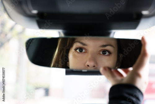 Canvas-taulu Young woman in the drivers seat looking in the rear view mirror in her car, clos