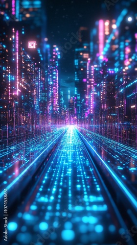 A futuristic cityscape illuminated with blue and purple neon lights representing digital transformation and technological advancement with side empty space for text Stockphoto style