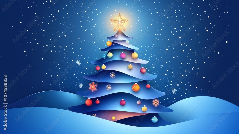 A Beautifully Decorated Christmas Tree Glowing Under a Star in a Winter Wonderland, Surrounded by Falling Snowflakes and a Serene Blue Background A Beautifully Decorated Christmas Tree Glowing Under a Star in a Winter Wonderland, Surrounded by Falling Snowflakes and a Serene Blue Background