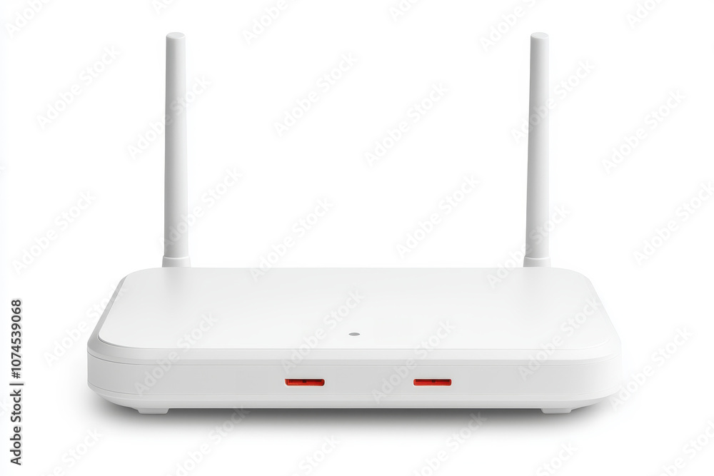 Modern white wireless router with antennas, ideal for home or office networking. Modern white wireless router with antennas, ideal for home or office networking.