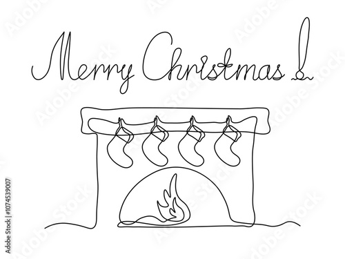 greeting card with inscription Merry Christmas! fireplace with socks for gifts.  continuous one line art hand drawing sketch, logo