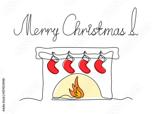 greeting card with inscription Merry Christmas! fireplace with socks for gifts.  continuous one line art hand drawing sketch, logo