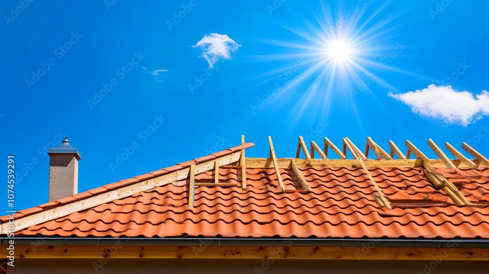 New Home Construction. Building a New Roof with Clay Tiles on a Sunny Day. Wooden Roof Frame New Home Construction. Building a New Roof with Clay Tiles on a Sunny Day. Wooden Roof Frame