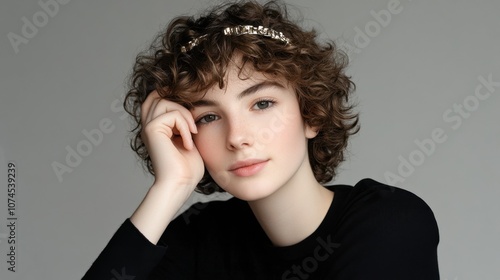 Young Woman with Curly Hair and Headband Portrait