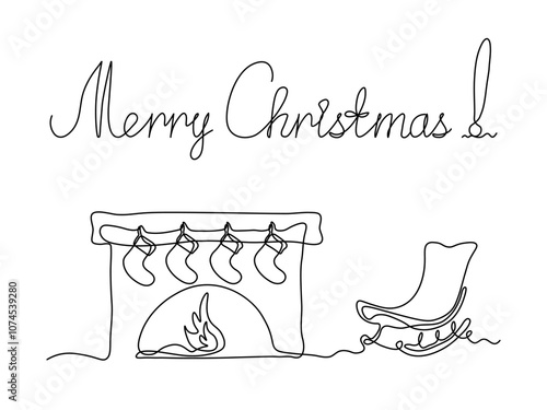 greeting card with inscription Merry Christmas! fireplace with socks for gifts ,rocking chair . continuous one line art hand drawing sketch, logo