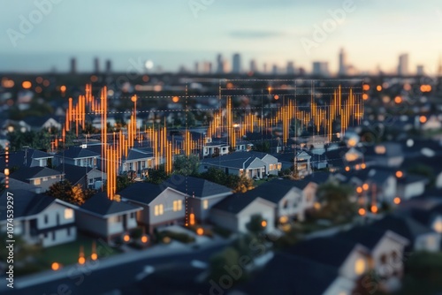 Price rise chart hovering in front of suburban neighborhood, inflation concept, photorealistic clarity