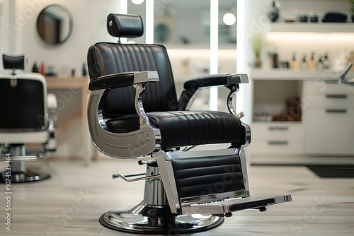 Empty barbershop chair in stylish salon interior