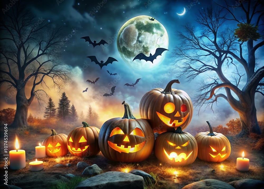 Spooky Haunted Halloween Night Scene with Creepy Pumpkins, Bats, and Ghosts for Festive Decoration and Celebration of Halloween Party Atmosphere Spooky Haunted Halloween Night Scene with Creepy Pumpkins, Bats, and Ghosts for Festive Decoration and Celebration of Halloween Party Atmosphere