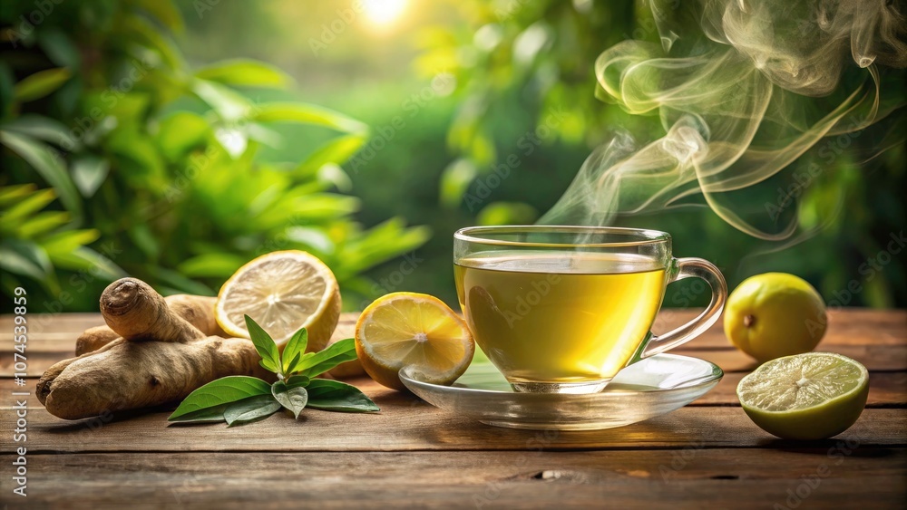 Warm Green Tea with Lemon and Ginger in a Serene Green and Beige Palette, Perfect for Relaxation and Wellness Warm Green Tea with Lemon and Ginger in a Serene Green and Beige Palette, Perfect for Relaxation and Wellness