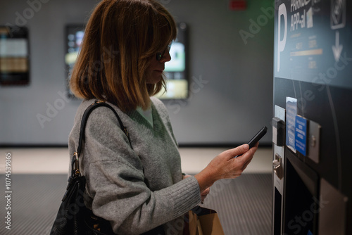 Close-up of a woman driver standing in front of a parking machine and paying with smartphone