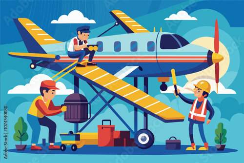 Two mechanics are repairing a small plane while preparing it for takeoff under a sunny sky Mechanics fixing plane before takeoff, flat drawing