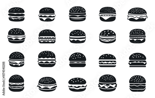 Burger black icon set. Hamburger fast food service restaurante sign symbol. Sandwich or cheeseburger unhealthy food silhouette emblem. Black and white simple flat style. Isolated vector on white