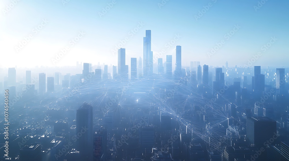 City skyline with digital connections represent, Network connection technology on the city City skyline with digital connections represent, Network connection technology on the city