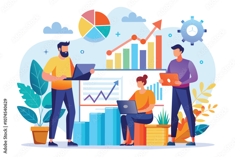 Three individuals review growth metrics using laptops and visual aids in a bright, vibrant office setting Men analyze growth data using flat illustrations. Three individuals review growth metrics using laptops and visual aids in a bright, vibrant office setting Men analyze growth data using flat illustrations.