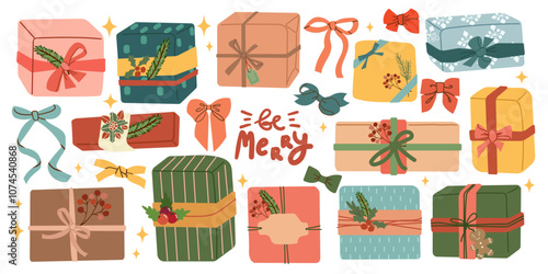 Gift boxes set. Holiday Christmas and New Year presents wrapped in festive paper wrapping, decorated with ribbon bows, strings and twines. Surprises in giftboxes. Flat vector illustrations isolated 