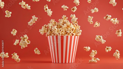 Realistic 3D vector of a large bucket of popcorn with flying flakes presented in a classic redandwhite striped cinemastyle paper container photo