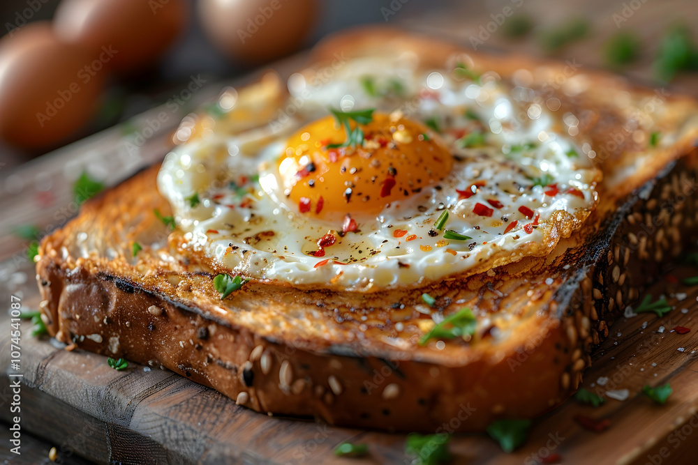 toast with fried egg on a wooden table toast with fried egg on a wooden table
