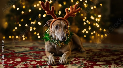 Greyhound dog, wearing a reindeer antler headband, standing on a festive rug