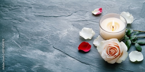 White Candle with Soft Pink Rose and Petals on Grey Stone Background - Elegant Memorial or Funeral Banner with Space for Text