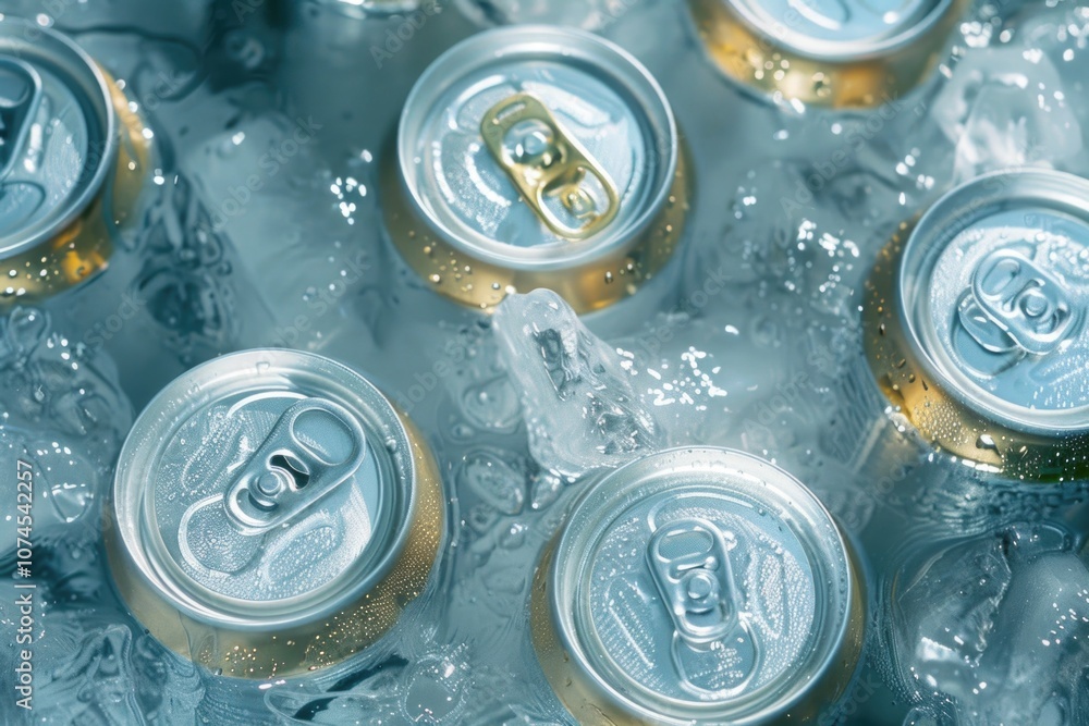 A collection of beer cans placed on top of ice, perfect for outdoor gatherings or party decorations A collection of beer cans placed on top of ice, perfect for outdoor gatherings or party decorations