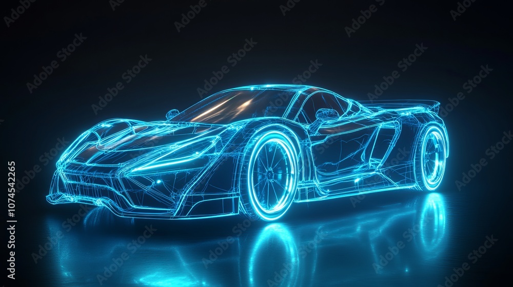 Sport car wireframe model with a blue neon background black environment 3D render Sport car wireframe model with a blue neon background black environment 3D render