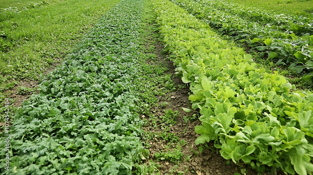 A close-up of a field with cover crops, showing the benefits of soil protection and weed suppression. A close-up of a field with cover crops, showing the benefits of soil protection and weed suppression.