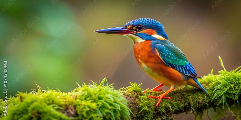 Stunning Close-Up of a Common Kingfisher Alcedo atthis Perched on Mossy Branch with Lush Green Forest Background Capturing Nature's Beauty in the Rule of Thirds Composition Stunning Close-Up of a Common Kingfisher Alcedo atthis Perched on Mossy Branch with Lush Green Forest Background Capturing Nature's Beauty in the Rule of Thirds Composition