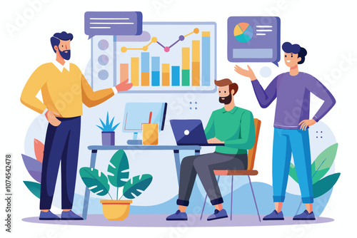 Colleagues discuss analysis data in a contemporary office with charts and graphs displayed Men present analysis data to colleagues in a flat illustration.
