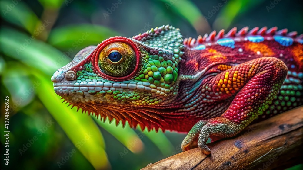 Stunning Close-Up Portrait of a Stump Tailed Chameleon on a Branch Surrounded by Lush Greenery, Capturing Its Unique Colors and Textures in Nature's Habitat Stunning Close-Up Portrait of a Stump Tailed Chameleon on a Branch Surrounded by Lush Greenery, Capturing Its Unique Colors and Textures in Nature's Habitat